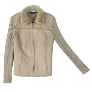 NWOT MAINE NEW ENGLAND Jacket UK 14/US 10 Beige Faux Suede Fur Trim Zip Stretch